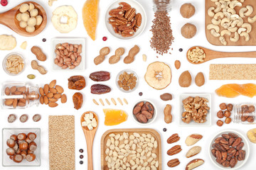 nuts and dried fruits on white background
