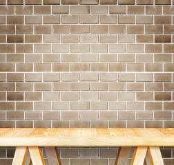 Empty wood modern table and grunge brown brick wall in backgroun