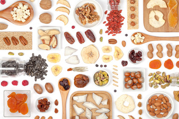 nuts and dried fruits on white background