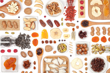 nuts and dried fruits on white background