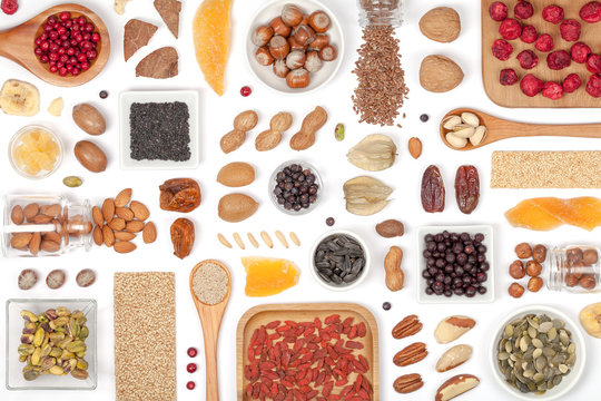 Nuts And Dried Fruits On White Background