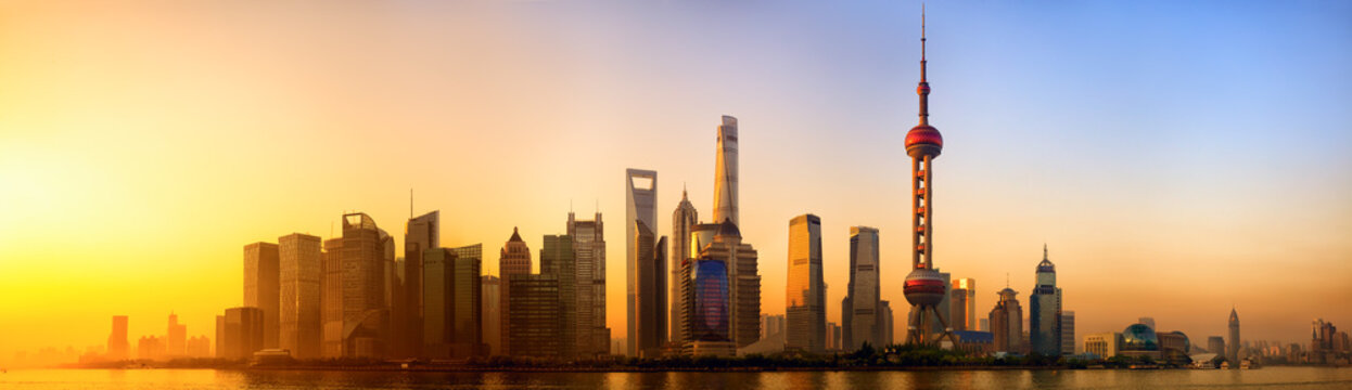 Fototapeta Pudong panorama at sunrise, Shanghai, China