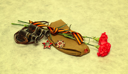 George Ribbon, forage cap, flowers, medal