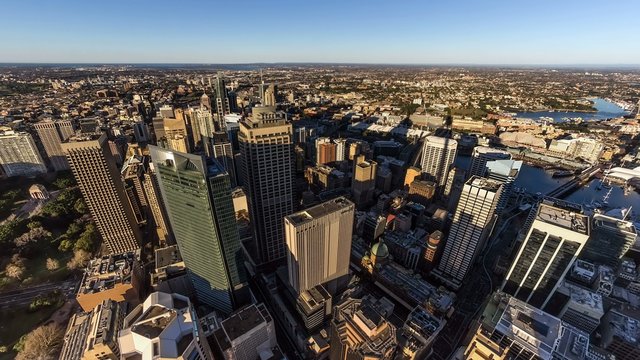 Aerial panoramic timelapse of Sydney CBD and Darling Harbour