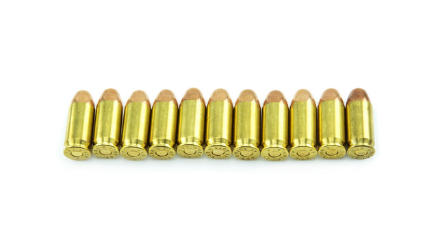group of 11mm bullets isolated on a white background.