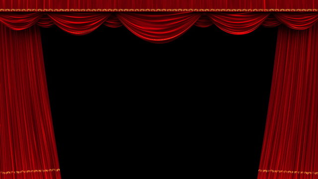 High detail red velvet theater curtain opening with alpha matte.