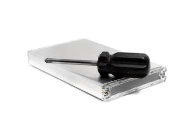 screwdriver and an external hard drive
