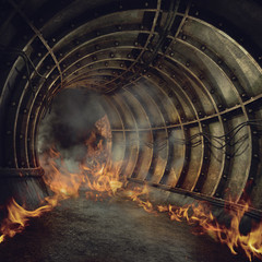 Ogień w opuszczonym tunelu - obrazy, fototapety, plakaty