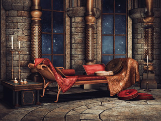 Zamkowa komnata z sofą i świecami © Obsidian Fantasy