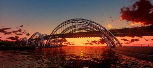Sunset silhouette Bridge. 3d render