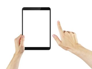 adult man hands using tablet pc with white screen, isolated