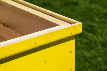 Part of an yellow wooden freshly painted beehive
