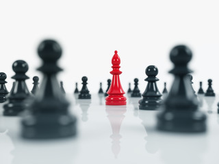 red bishop and black pawns over the white background