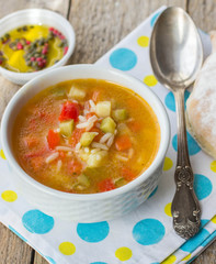 A thick soup made with vegetables and rice. Minestrone. Italian