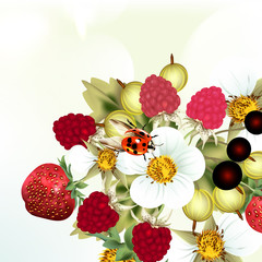 Berries, strawberry and flowers on a light background