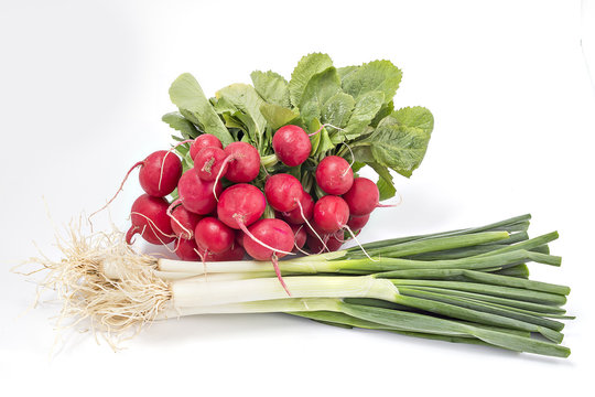 Bunch Of Small Garden Radishes, Green Onion And Wild Garlic