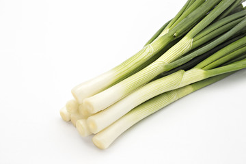 Young spring green onion isolated on white background