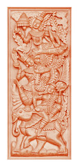 Traditional Thai style wood carving on the wall of Temple in Tha