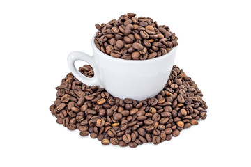 White coffee cup surrounded and coffee-beans isolated on white