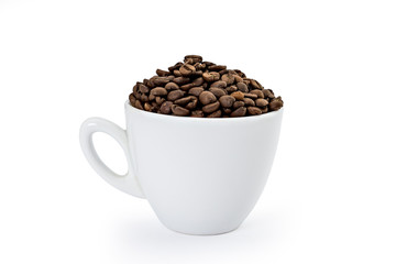 White coffee cup full off coffee-beans isolated on white