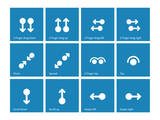 Touch screen gestures icons on blue background.