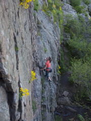A young girl engaged in rock climbing.