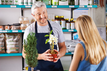 Mann in Gärtnerei verkauft Blumen