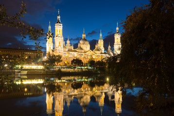 Cathedral of Our Lady of the Pillar in evening. Zaragoza
