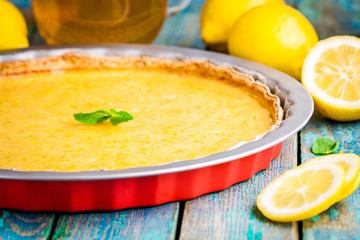 lemon tart in baking dish