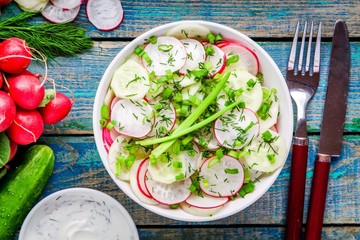 salad of fresh organic radish and cucumber in white bowl 