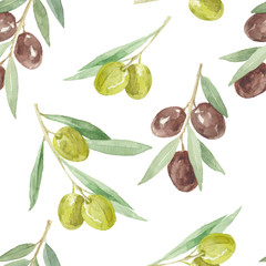 Obraz premium Watercolor seamless pattern with olive branches.