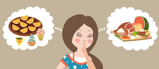 Healthy or junk food choice. Beautiful woman thinking