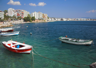 Fototapeta na wymiar Boats in gulf. Lutraki, Greece