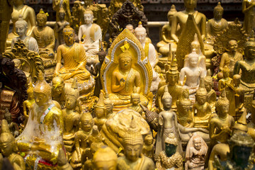 Group of Buddha image in public temple on Songkran Festival