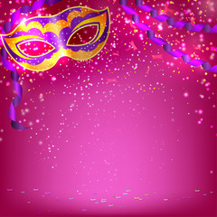 Pink banner with theatrical carnival mask. Design your theater c