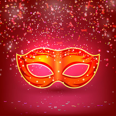 Red banner with theatrical carnival mask. Design your theater cu