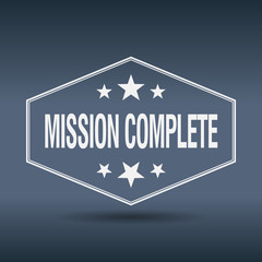 mission complete hexagonal white vintage retro style label