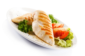 Grilled chicken fillets, rice and vegetables 