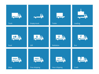 Commercial delivery truck icons on blue background.