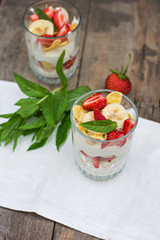 Dessert with strawberries.Cheese, strawberry, banana, cornflakes