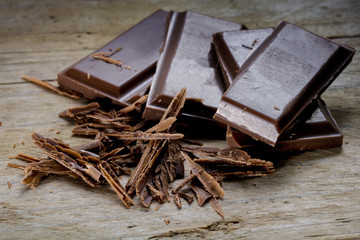 dark chocolate on old rustic wood