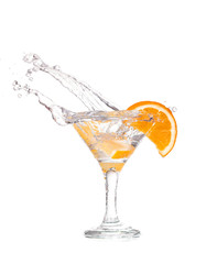 cocktail in a martini glass on a white background with fruit