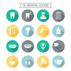 Set of dental icons with shadow. White. Flat design. vector