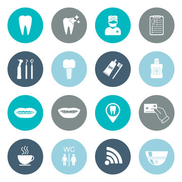Set of dental icons. Silhouette. White. Flat design. vector