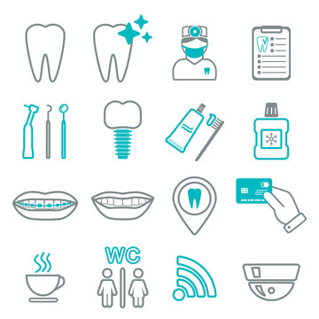 16 line of dental icons. Isolated. Color block. vector