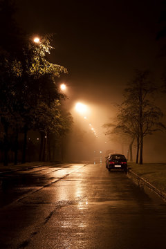 Foggy street at night
