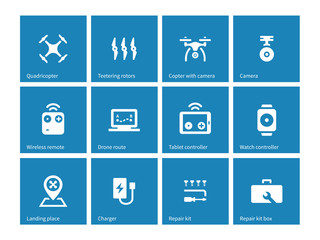 Multicopter drone icons on blue background.
