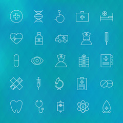 Medical and Health care Line Icons Set over Polygonal Blurred Ba