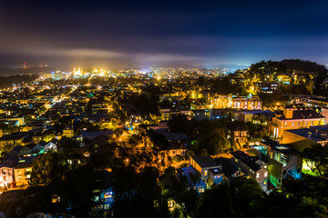 View from Tank Hill Park on a foggy night, in San Francisco, Cal