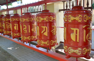 Prayer ritual wheels in Datsan of Gunzechoyney. St. Petersburg